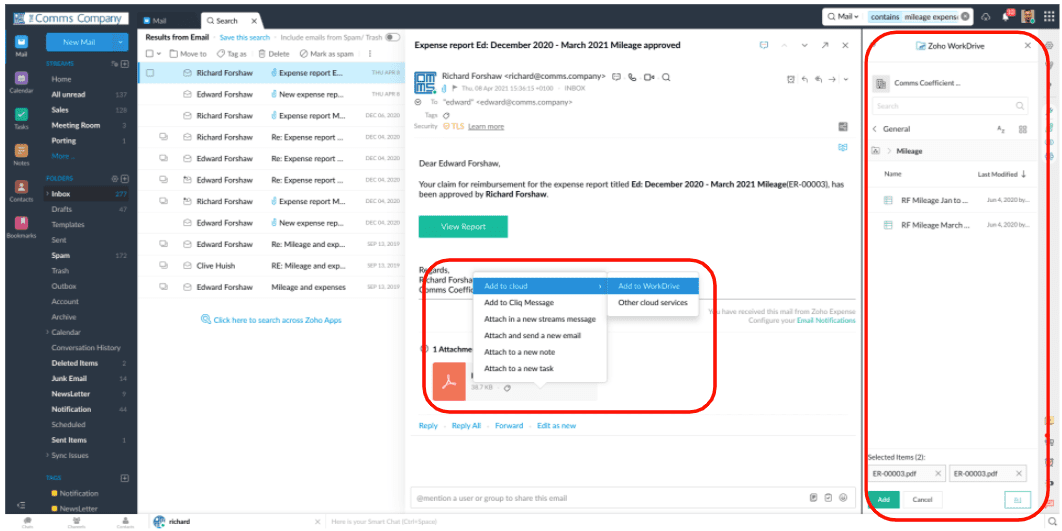 Zoho Mail and Zoho Workdrive Integration